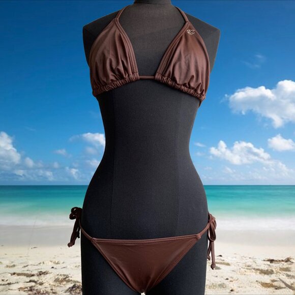 Billabong surf BLUE CRUSH Vintage bikini solid brown D cup Small bottom set RARE - Picture 1 of 7